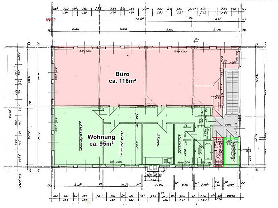 Grundriss - Wohnen = grün +  Büro = pink - durch 2 Türen verbunden