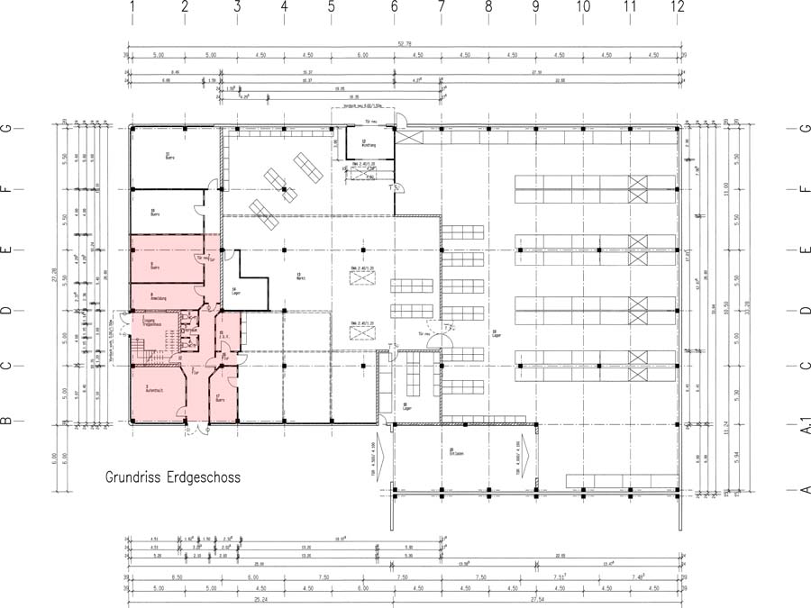 Grundriss EG - ca. 165m² Fläche (pink) Empfang, Sanitär, Aufenthalt, Küche, 2 Büros, Archiv