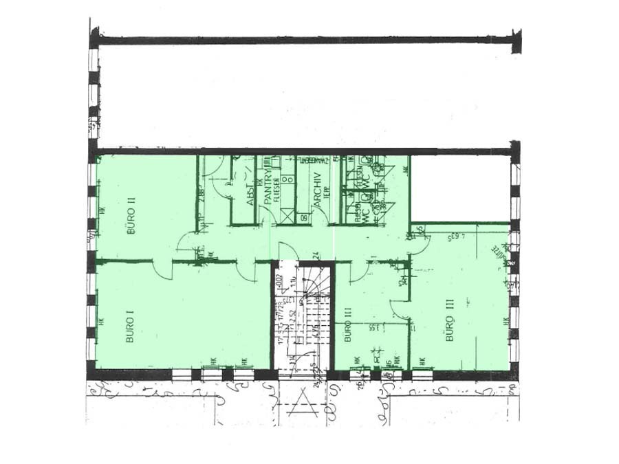 Grundriss EG. (grün) - 4 Büroräume, Pantry, Serverraum, Abstellraum, Sanitär D/H