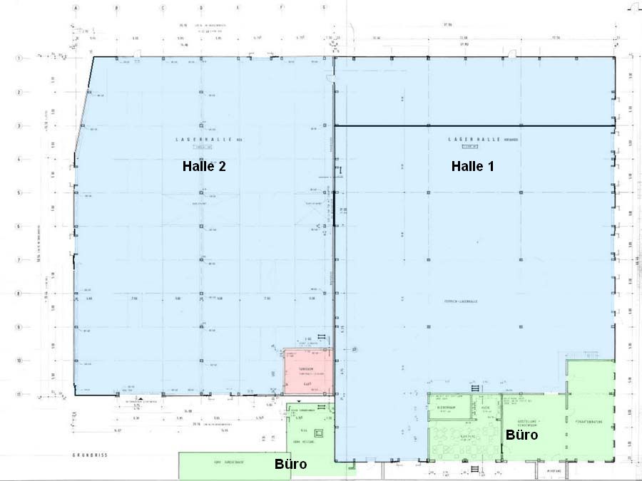 Grundriss - Halle 1 = ca. 1.850m² + Halle 2 = 1.686m² - teilbar - Büro (grün)
