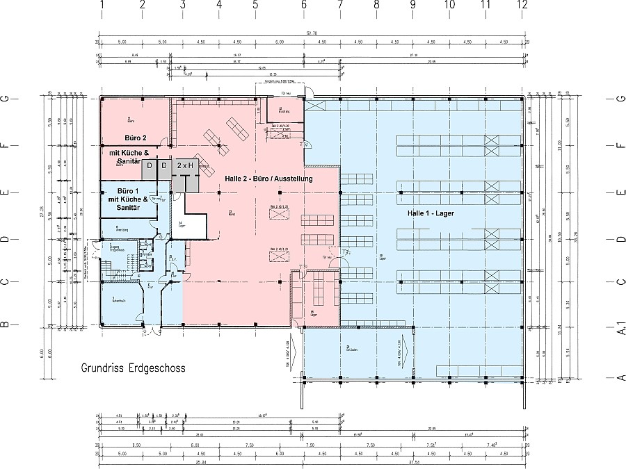 Grundriss / Teilungsbeispiele EG - Halle-1 mit Büro-1 (blau) + Halle-2 mit Büro-2 (pink)