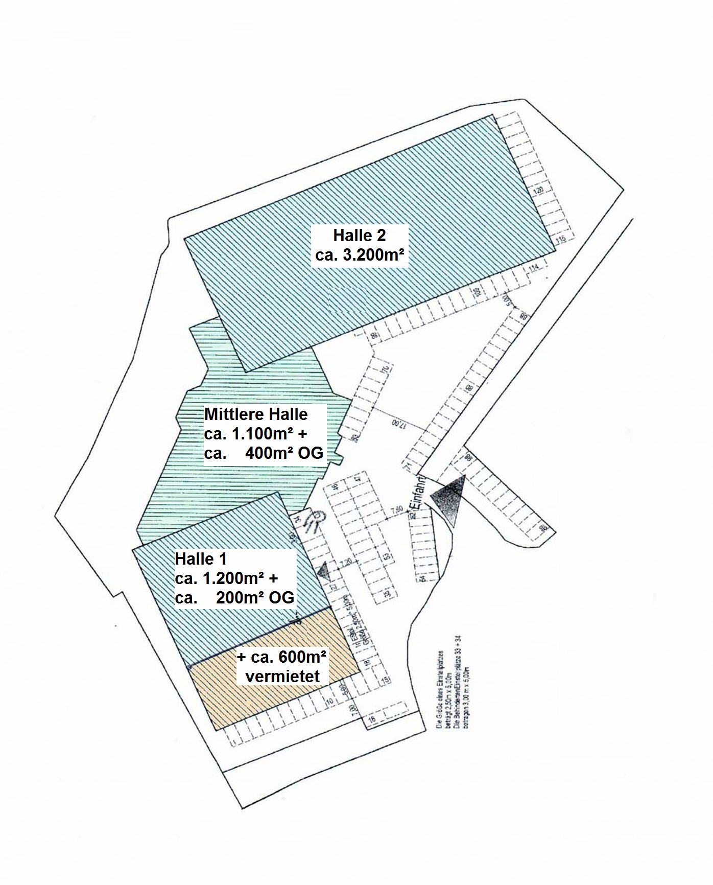 Lageplan - 3 Hallen ca. 6.500 m², ca. 13.300 m² Grundstück, 120 Stellplätze