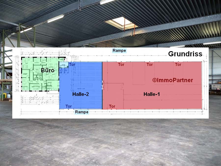 Grundriss - Halle-1 ca. 840m² + Halle-2 ca. 350m² + Büro ca. 150m², teilb.