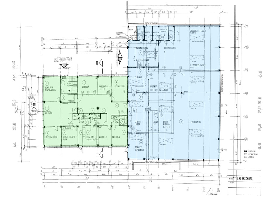 Grundriss - Büro = grün  -  Halle = blau - Gesamtobjekt nicht teilbar